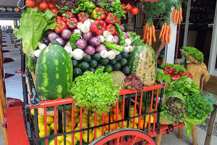 Fruit, Cart, Melon, Paprika, Carrots, benidorm, fresh, raw, ingredient, vegetable