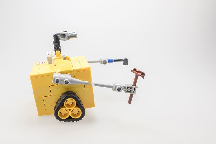 yellow robot toy, lego, wall-e, figure, cult, computer, robot, machine, controlled, artificial intelligence