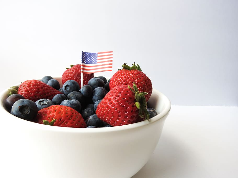 five, strawberries, white, ceramic, bowl, Fourth Of July, July, 4Th, 4Th Of July, summer, berries