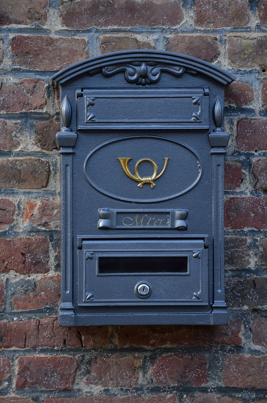 blue, metal mailbox, mounted, concrete, brick wall, mailbox, post, post horn, letter boxes, brick