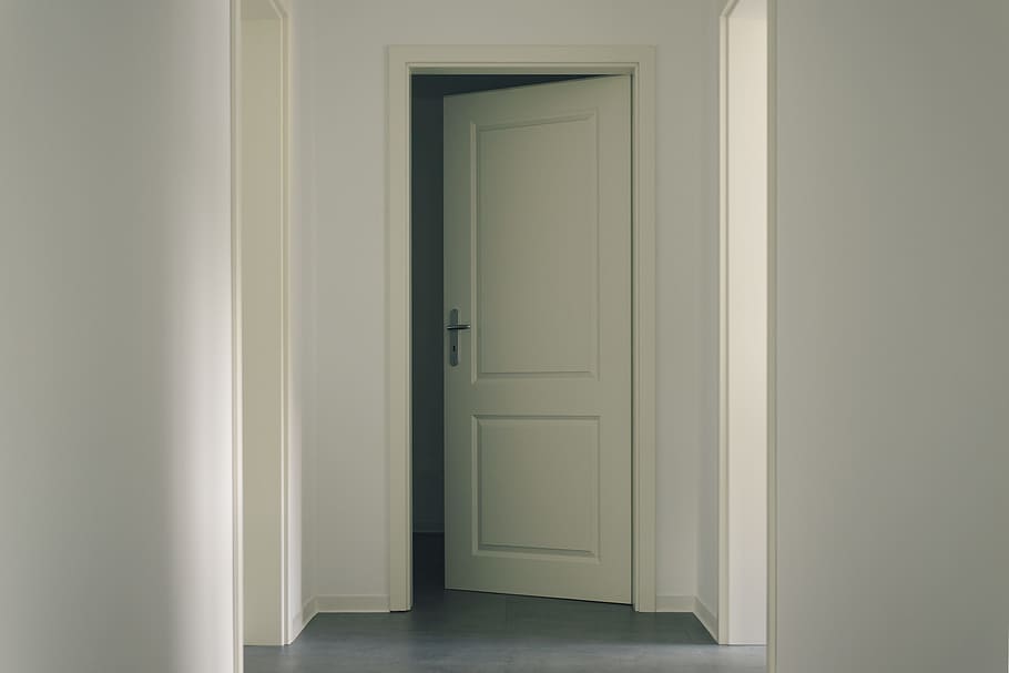 open, white, wooden, 2-panel, 2- panel door, door, contemporary, within, wall, architecture