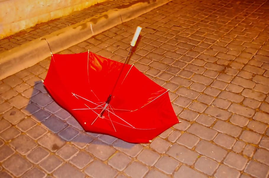 red, umbrella, gray, ground, lost, urban, sad, winter, wind, blown away
