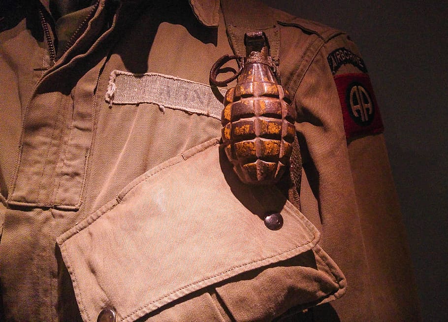 marrón, granada, parte superior, uniforme, militar, guerra, municiones, explosión, fuerzas armadas, primer plano