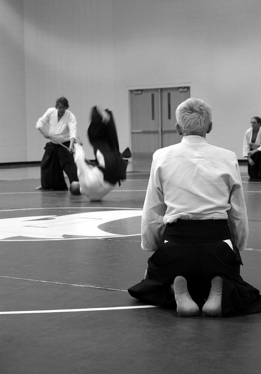 grayscale photo, man, kneeling, floor, aikido, martial arts, self-defense, learning, seminar, senseis