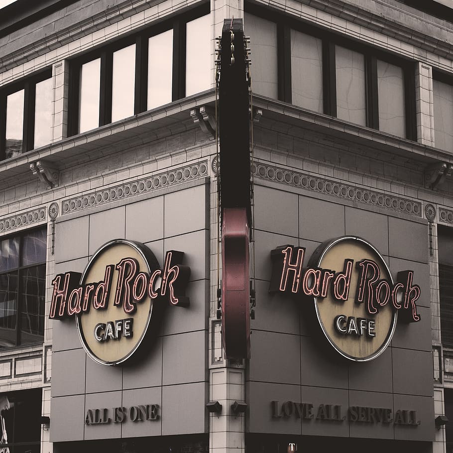 Hard Rock Cafe, cafetería, tienda, música, desaturado, duro, rock, musical, concierto, sonido