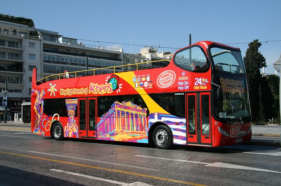 rojo, doble, autobús de dos pisos, atenas, grecia, bus turístico, punto de referencia, viajes, europa, turismo