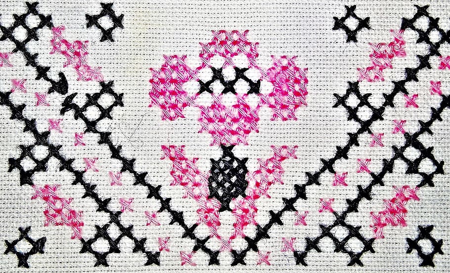 canvas, hand labor, embroidery, cross stitch, pattern, white, pink, black, flower, structure