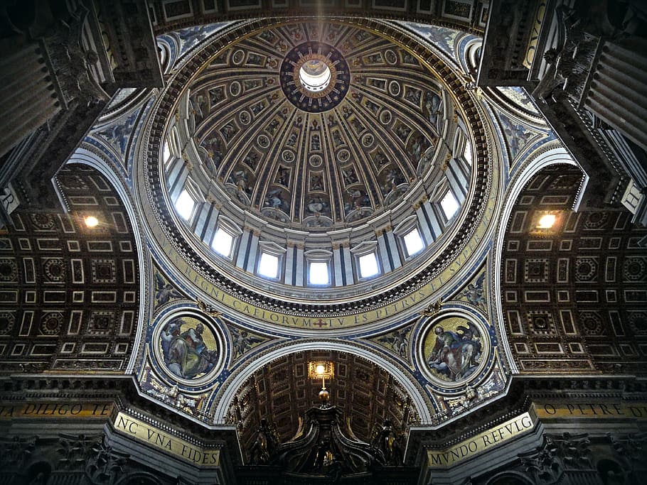 low, angle photography, building, interior, view, dome, rome, saint peter, basilica, vatican