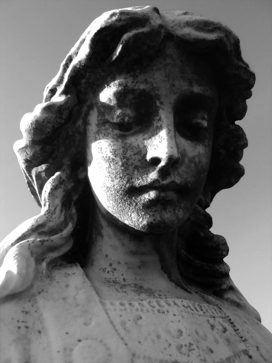 statue, carving, cemetery, angel, sculpture, figure, face, tombstone, sad, black and white