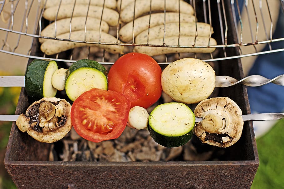 barbecue, grill, spies, sausage, charcoal, food, garden, stood grill, zucchini, bratwurst