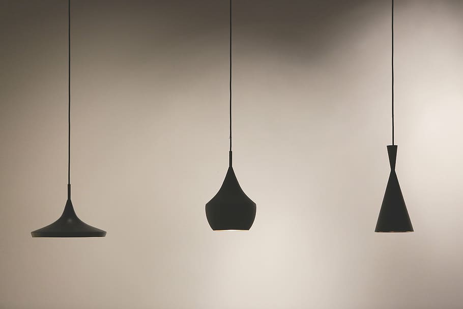 three, black, pendant lamps, silhouette, hanging, lamps, lights, lamp shades, design, decor
