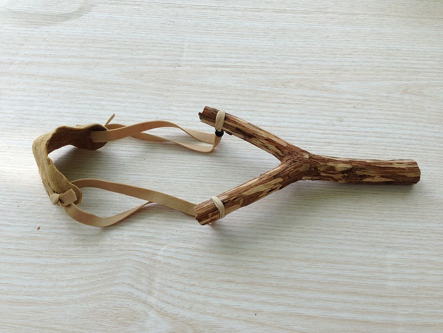 brown, slingshot, wooden, surface, catapult, weapon, shooting, tree trunk, wood, elastic