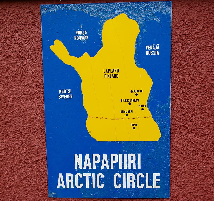 Map, Lapland, Arctic Circle, sign, blue, yellow, communication, brick wall, outdoors, red