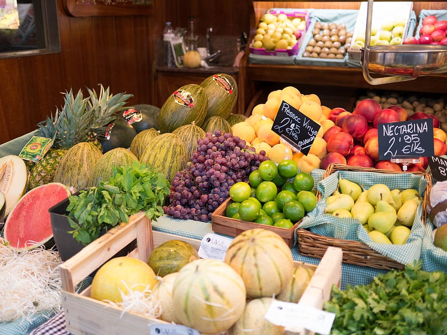assorted fruits, fruit, market, melon, grapes, barcelona, pear, lime, frutas, uvas