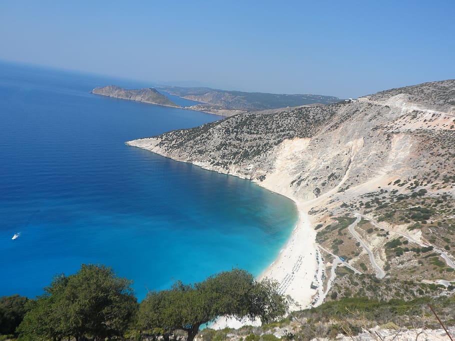 Praia, Cefalônia, Grécia, Férias, myrthe beach, verão, azul, ótimo, montanhas, natureza