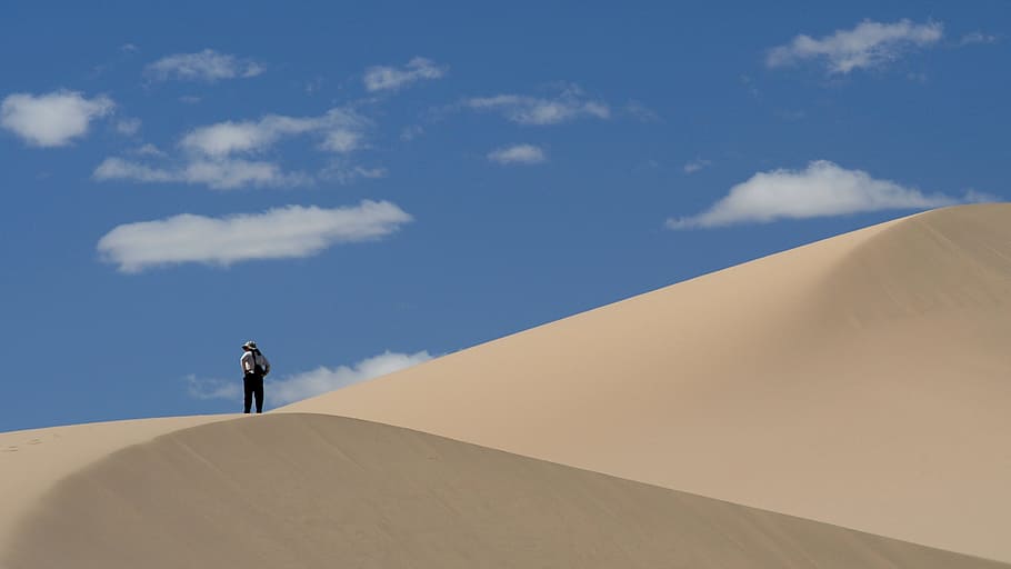 몽골, 사막, 모래 언덕, 풍경, 하늘, 땅, 한 사람, 모래, 경치, 구름-하늘