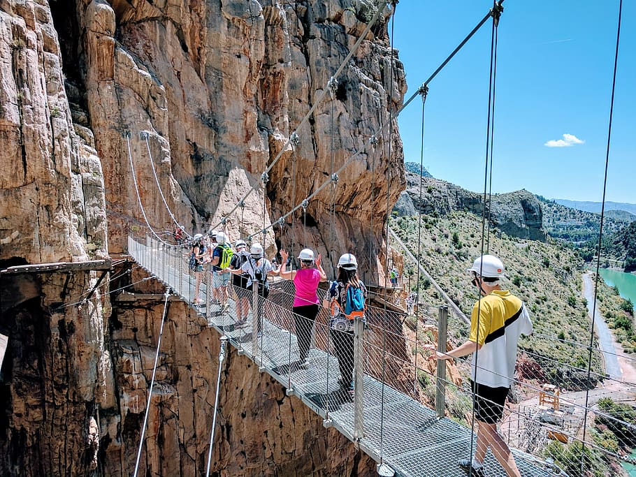 people, walking, metal suspension bridge, path of the king, caminito del rey, malaga, landscape, nature, sport, hiking