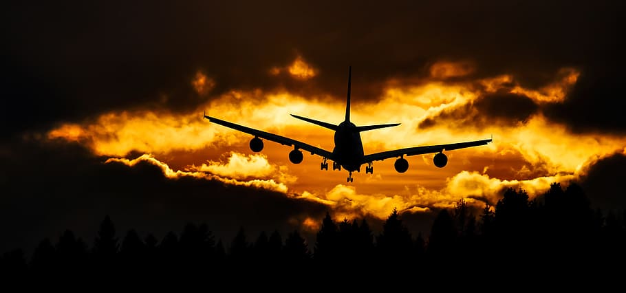 silhouette, plane, clouds, travel, fly, aircraft, sky, sunset, mood, mysterious