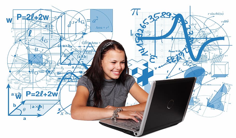 smiling, girl, using, laptop, learn, school, student, mathematics, physics, education