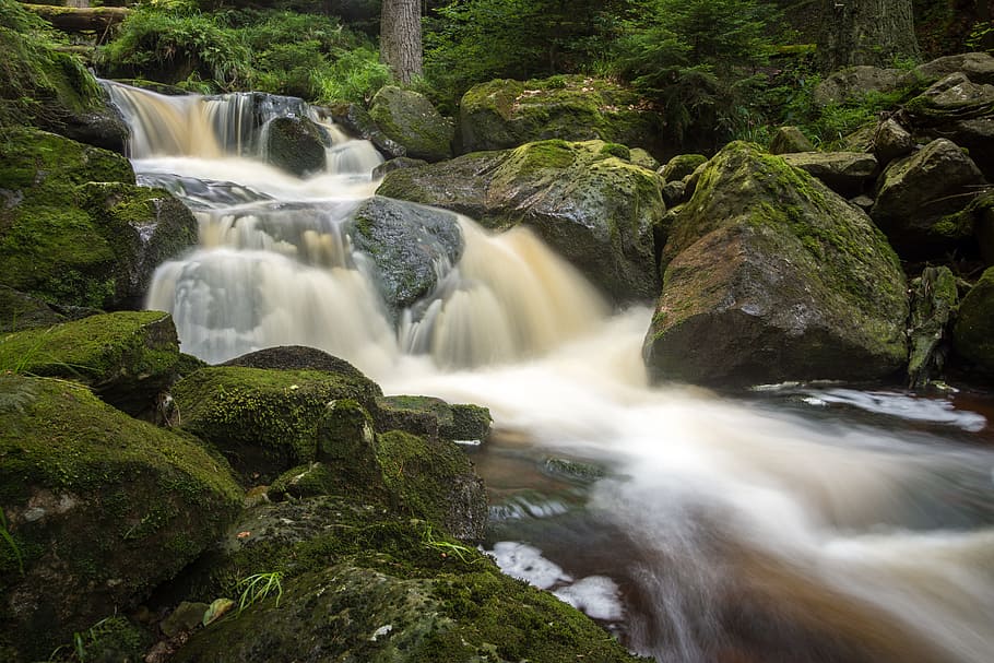 timelapse photo, waterfalls, rocks, waterfall, long exposure, bach, forest, nature, landscape, water veil