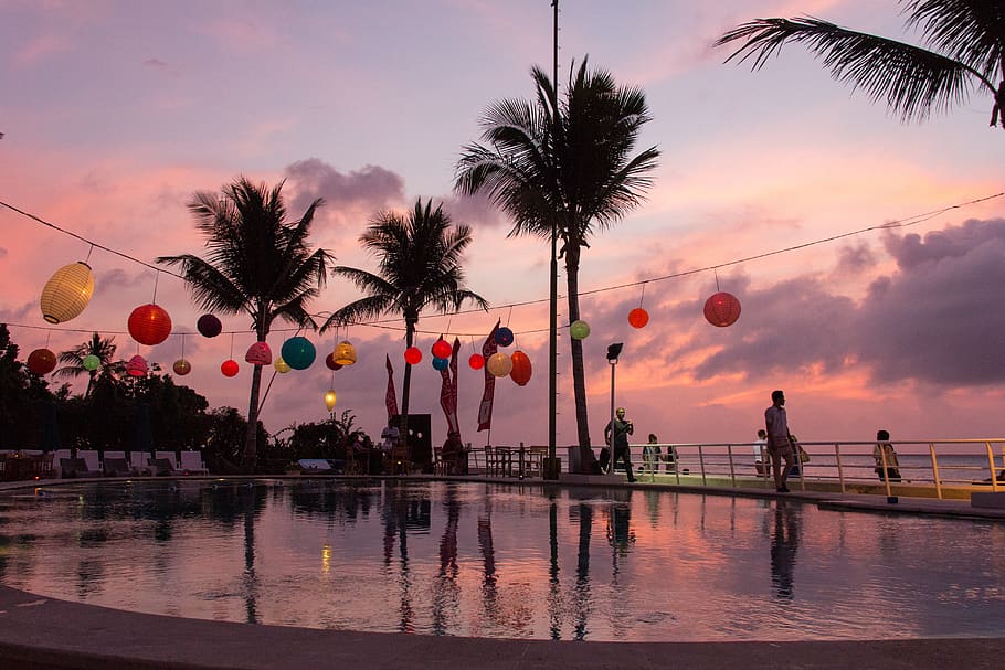 Bali, puesta del sol, cielo, viaje, hotel, santo, playa, relajación, árbol, agua