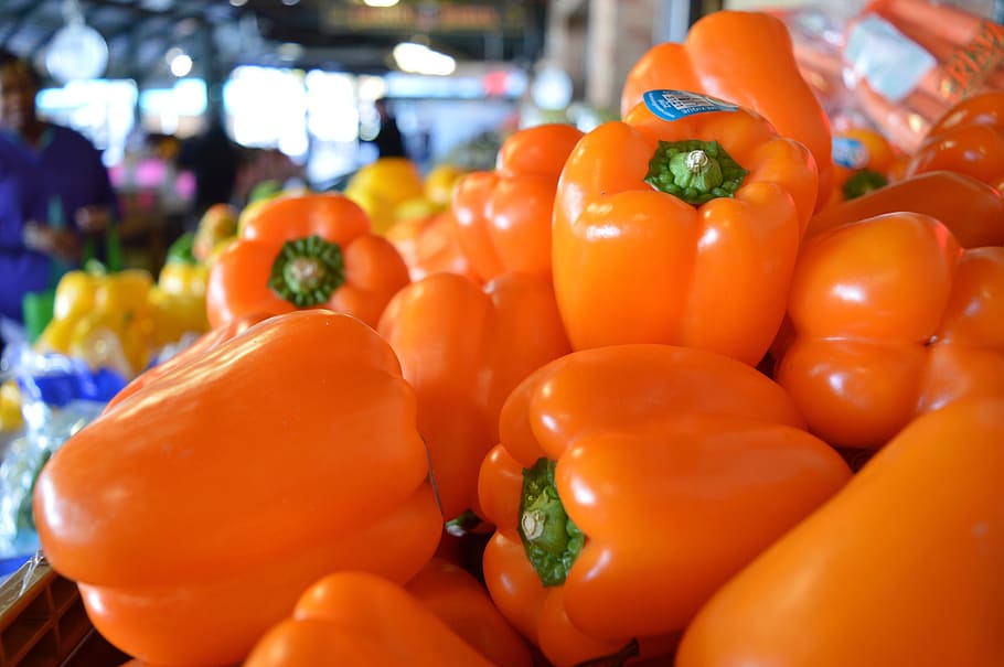 peppers, vegetables, farmers market, outdoor market, yellow pepper, yellow, healthy, vegetarian, vegan, dinner