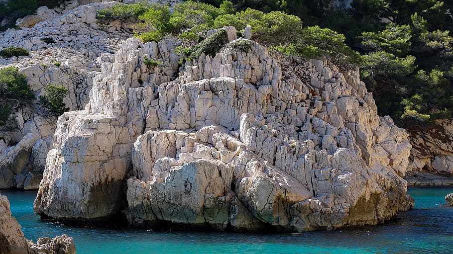 isla rocosa, Francia, Marsella, Calanques, Mar, mediterráneo, naturaleza, verano, roca - Objeto, costa