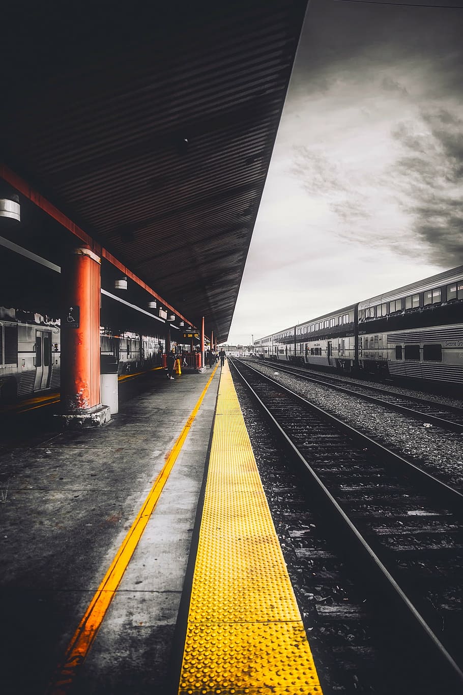 selective, color photography, train trail, train station, depot, hdr, los angeles, california, sky, clouds