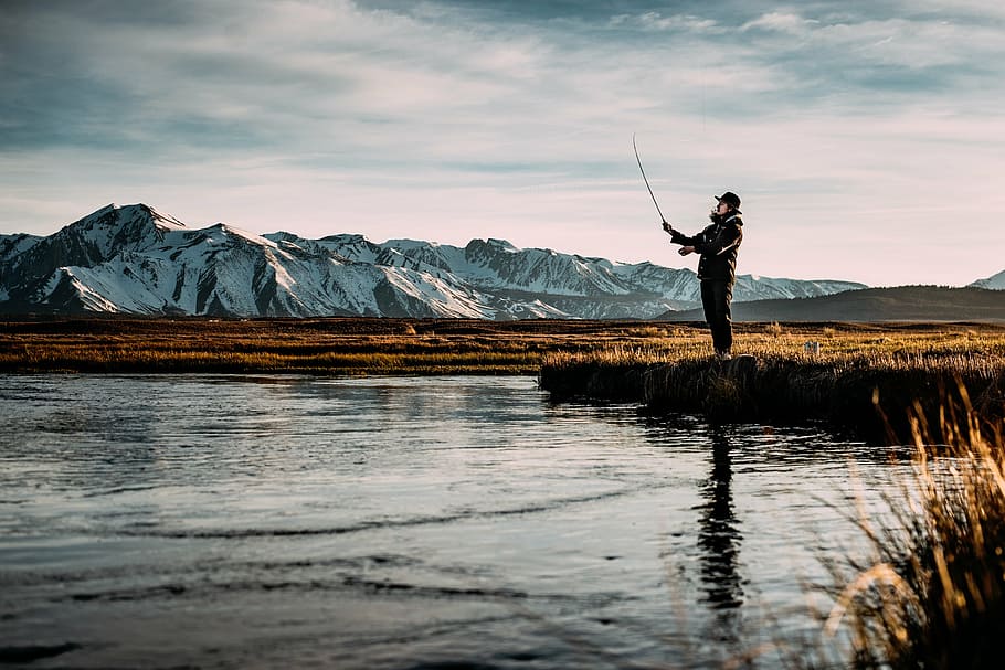man fishing, lake, nature, water, mountains, snow, fishing, sky, clouds, people