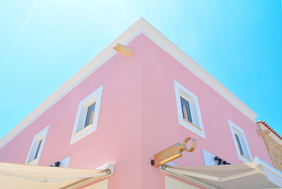 ピンク, 白, コンクリート, 建物, 青, 空, 昼間, 建築, 家, 住宅