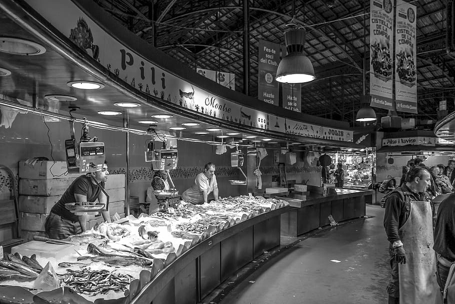 grey, scale photography, market place, fish market, seafood, fish, called rothmans, illuminated, lighting equipment, real people