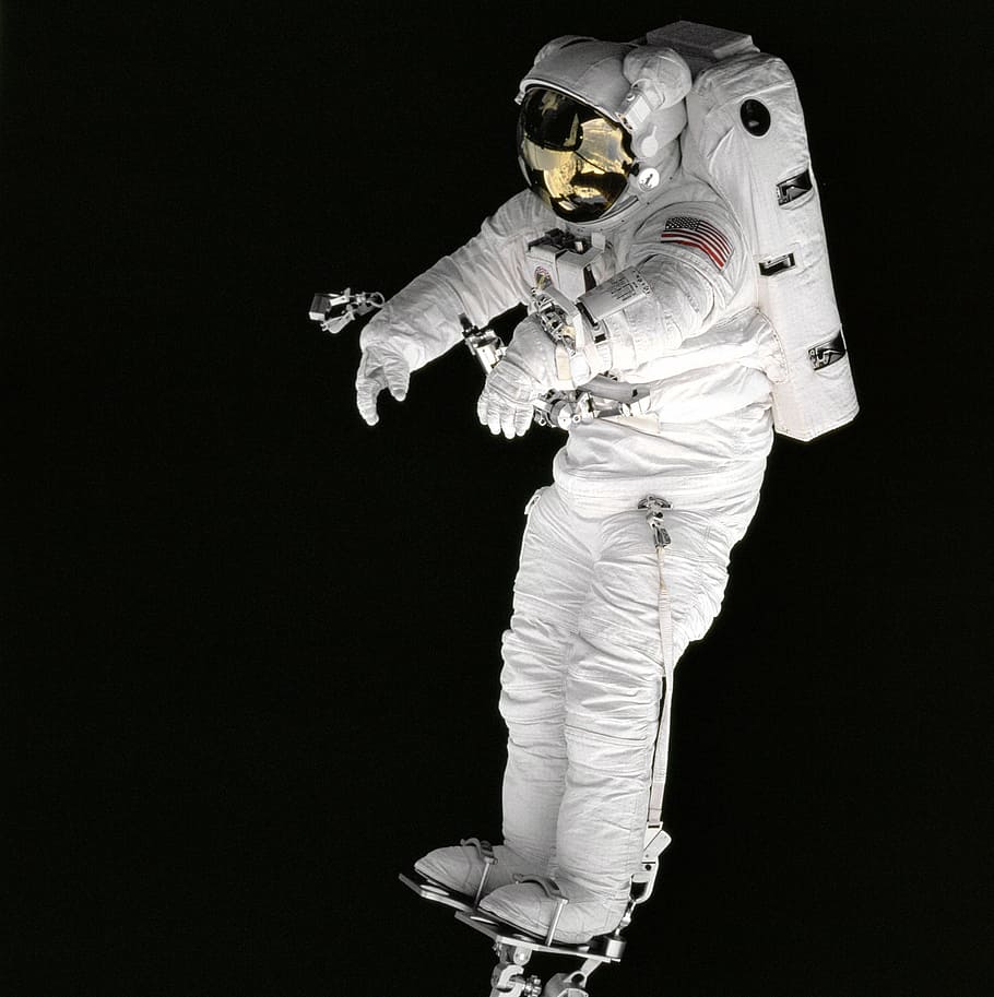 close-up photo, astronaut, space, nasa, suit, pack, oxygen, working, space-walk, alone