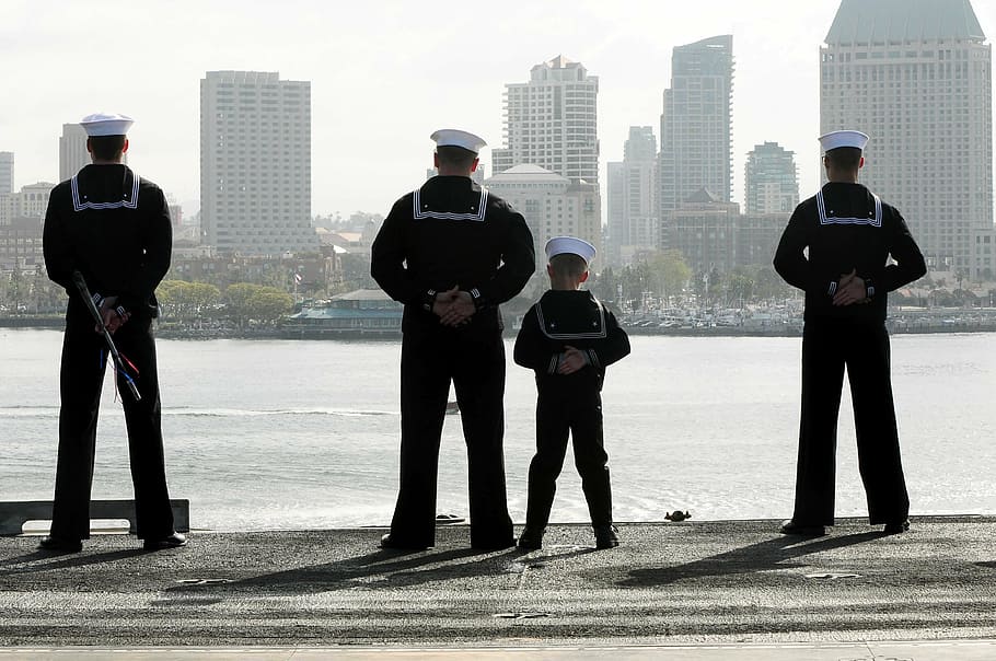 man, wearing, black, pants, sailors, father, son, uniform, flight deck, aircraft carrier