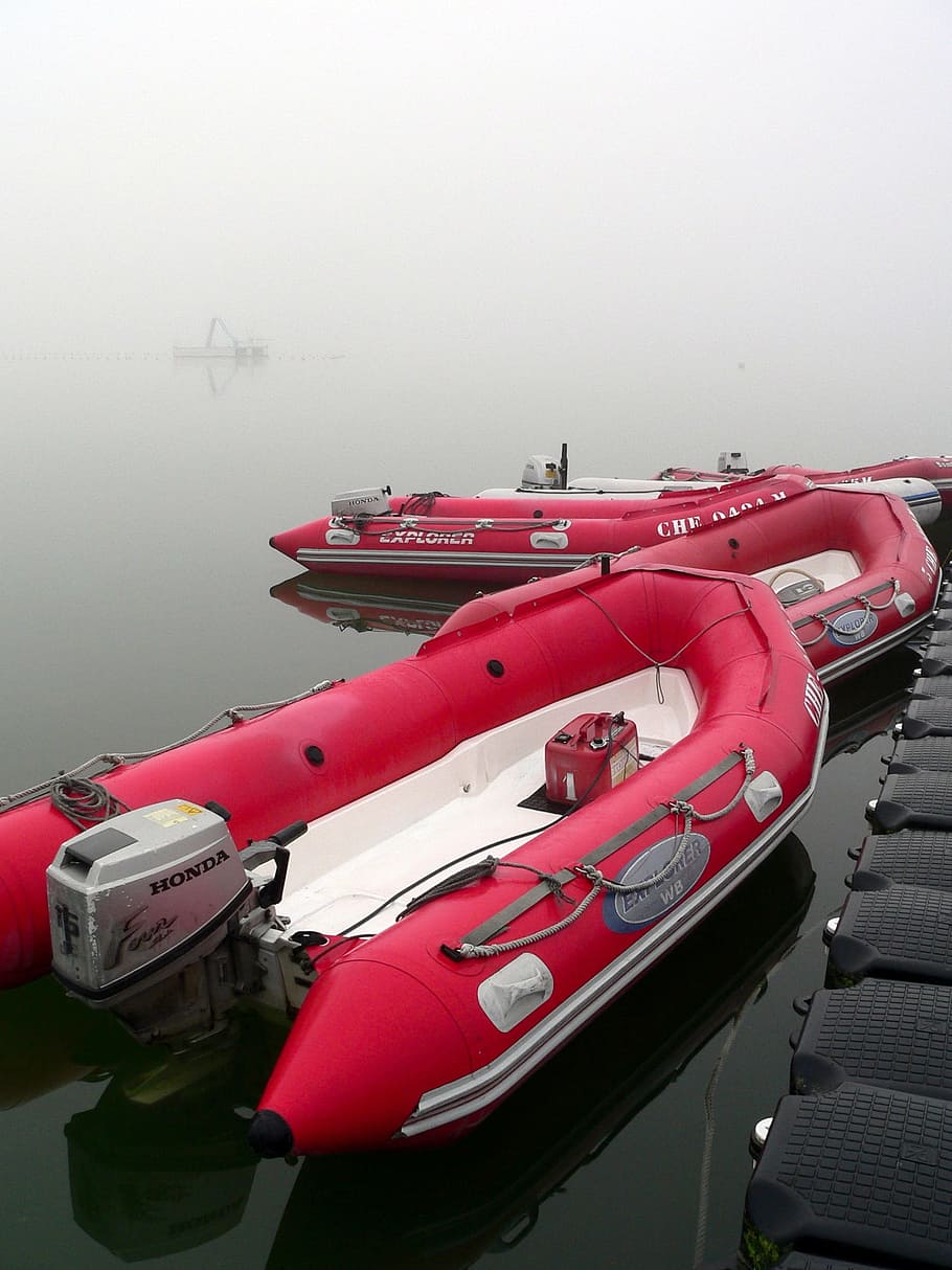 speedboat, engine, red, fog, transportation, water, mode of transportation, nautical vessel, lake, day