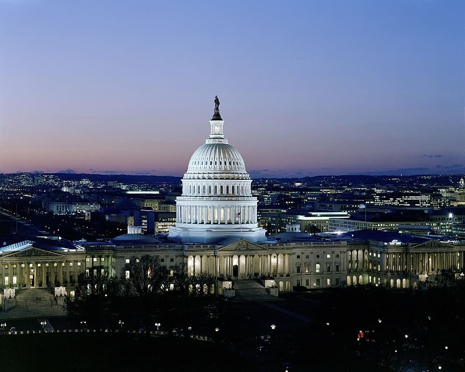 white concrete building, capitol, government, building, legislature, congress, united states, dusk, evening, twilight