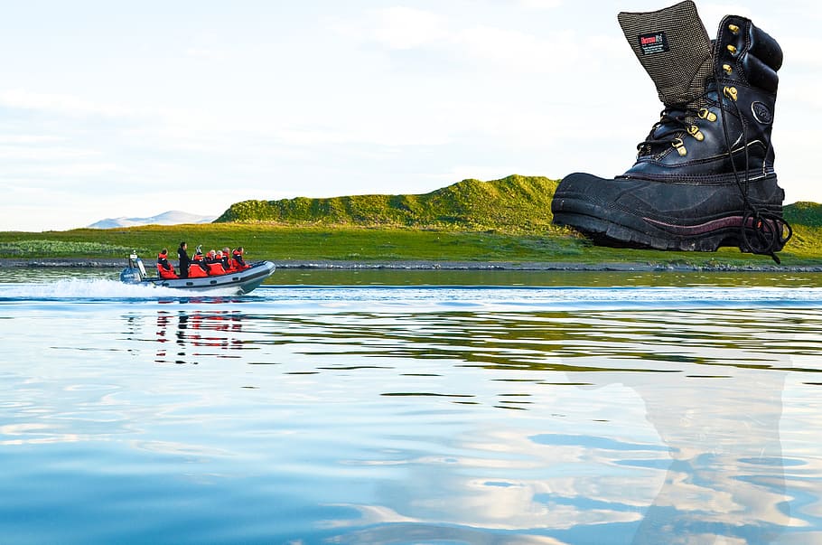 mountain shoe, hiking shoes, walking tour, boat tour, photo montage, spitsbergen, north atlantic, water, nautical vessel, transportation