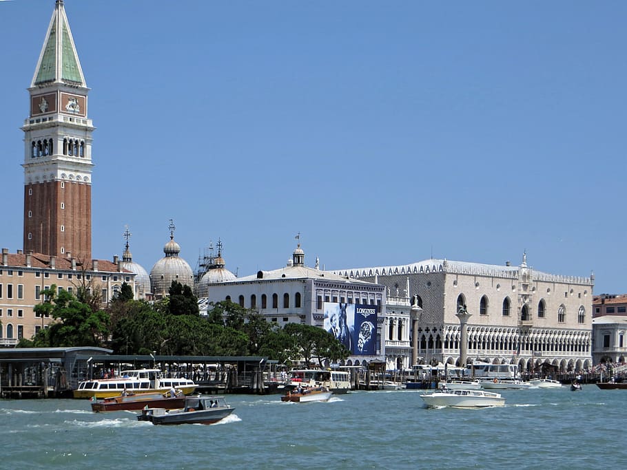 itália, veneza, bacia, barco, cais, campanário, palácio, doge, exterior do edifício, arquitetura