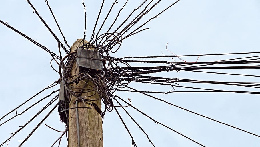 brown electricity post, telephone, telegraph, pole, wire, communication, tangle, complex, complexity, untidy
