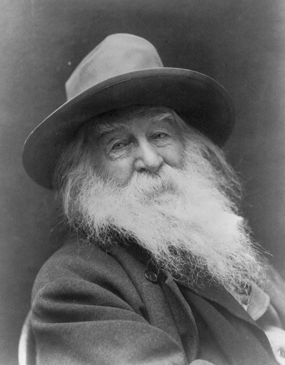 grayscale photo, man, wearing, wide, brim fedora hat, walt whitman, vintage, american author, author, american