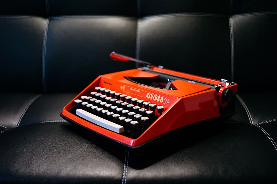 máquina de escribir, escritura, negocios, trabajo, cartas, sofá, cuero, en el interior, tecnología, rojo