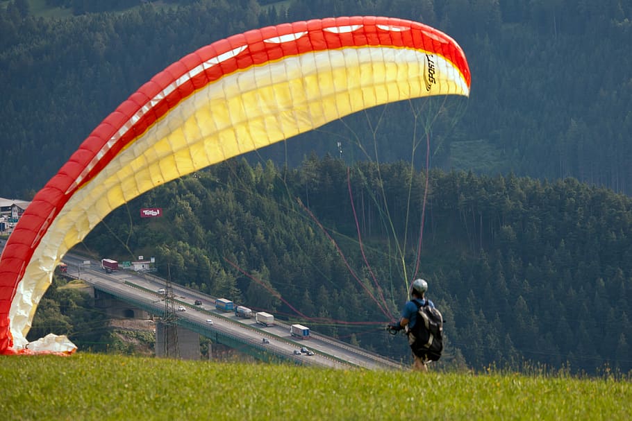 Paragliding, Mountain, Autobahn, Austria, parachute, adventure, grass, day, outdoors, leisure activity