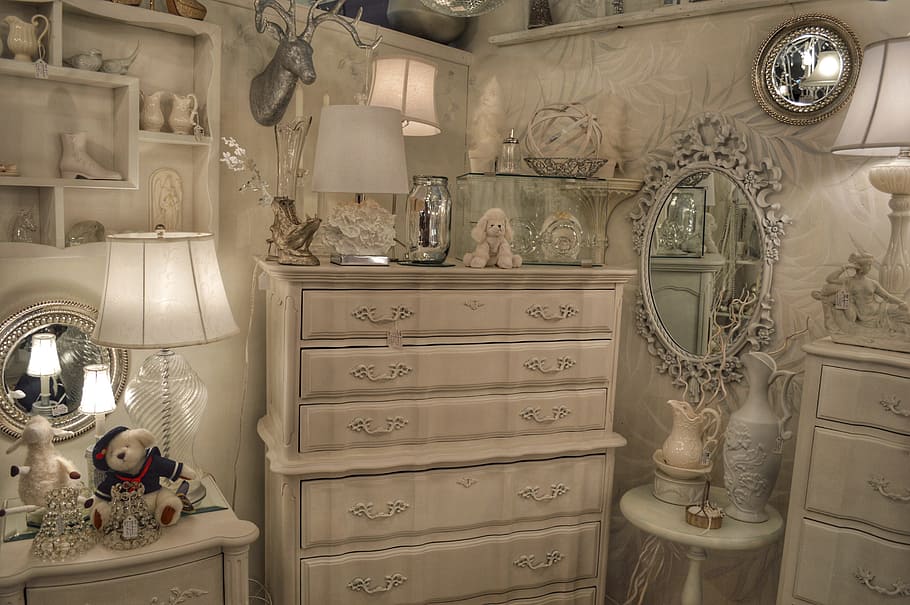 white, wooden, highboy dresser, highboy, dresser, decor, interior, home, room, lamps