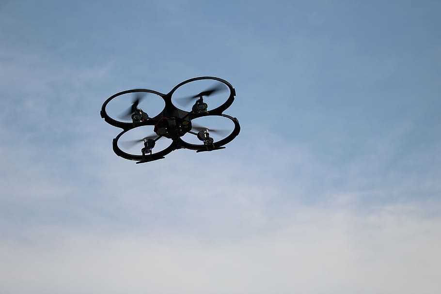 quadrocopter, aircraft, remotely controlled, low angle view, sky, cloud - sky, nature, blue, outdoors, day