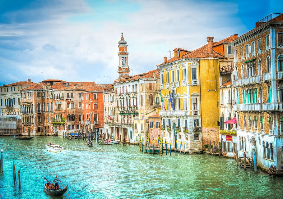 white buildings painting, canal grande, venice, waterfront, italy, canal, water, houses, boats, romance