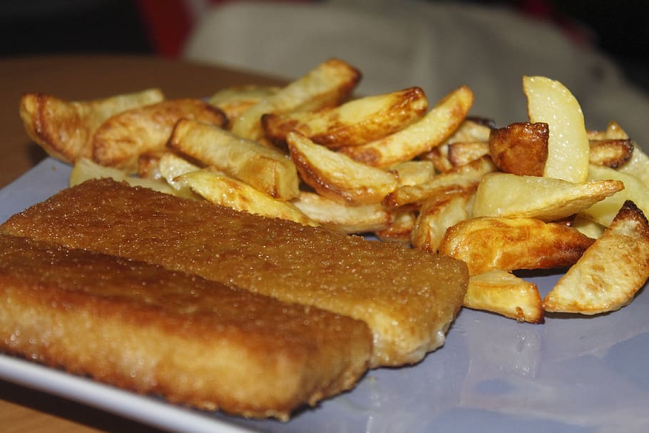 peixe frito, peixe, fatias de batata, batata, refeição, saboroso, comer, cozinhar, jantar, comida