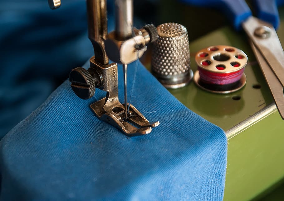 shallow, focus, sewing machine, blue, textile, shallow focus, couture, thimble, wire scissors, high angle view