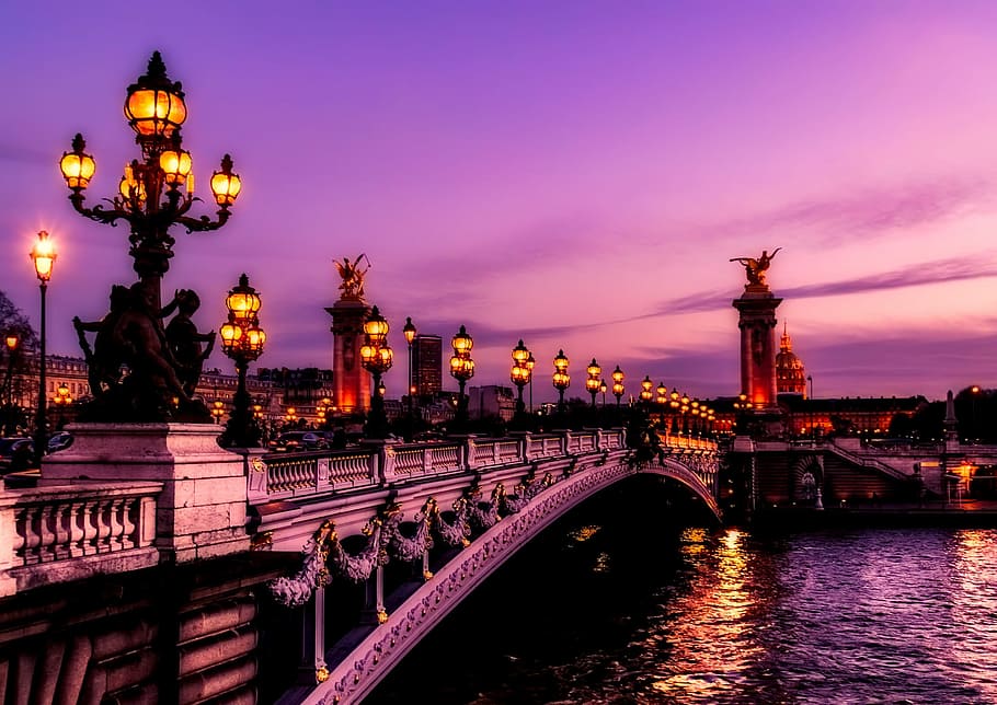 foto, ponte, corpo, agua, noturno, corpo de água, Paris, França, rio, Pôr do sol