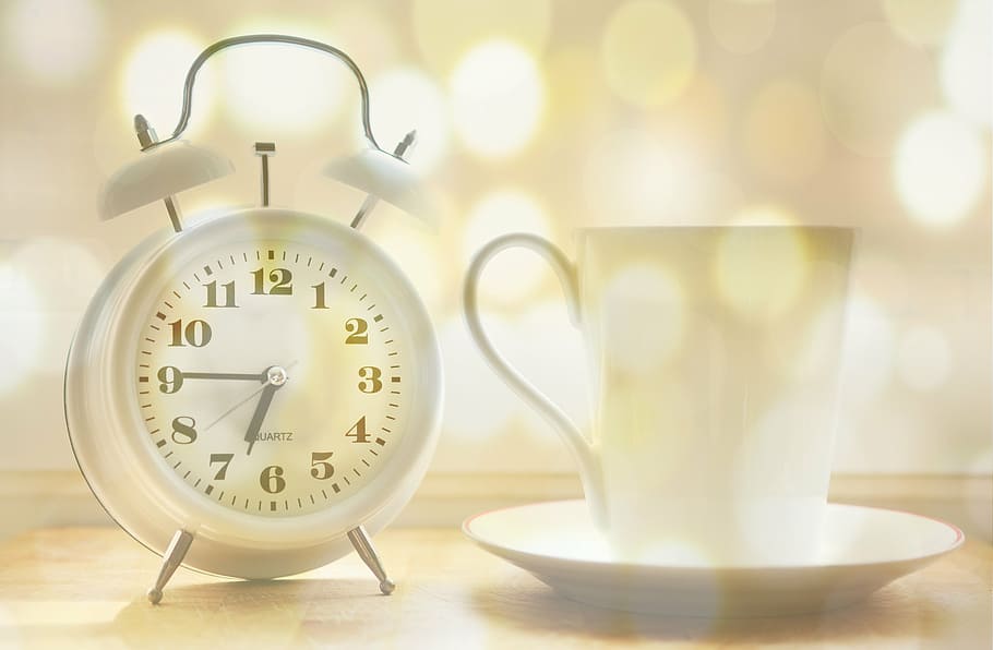 white, ceramic, mug, plate, analog clock, alarm clock, coffee cup, time of, arouse, time indicating