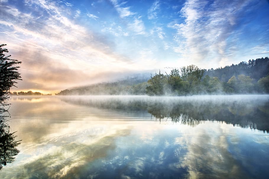 landscape photography, fog, mountain, lake, water, nature, landscape, mood, sunrise, ground fog