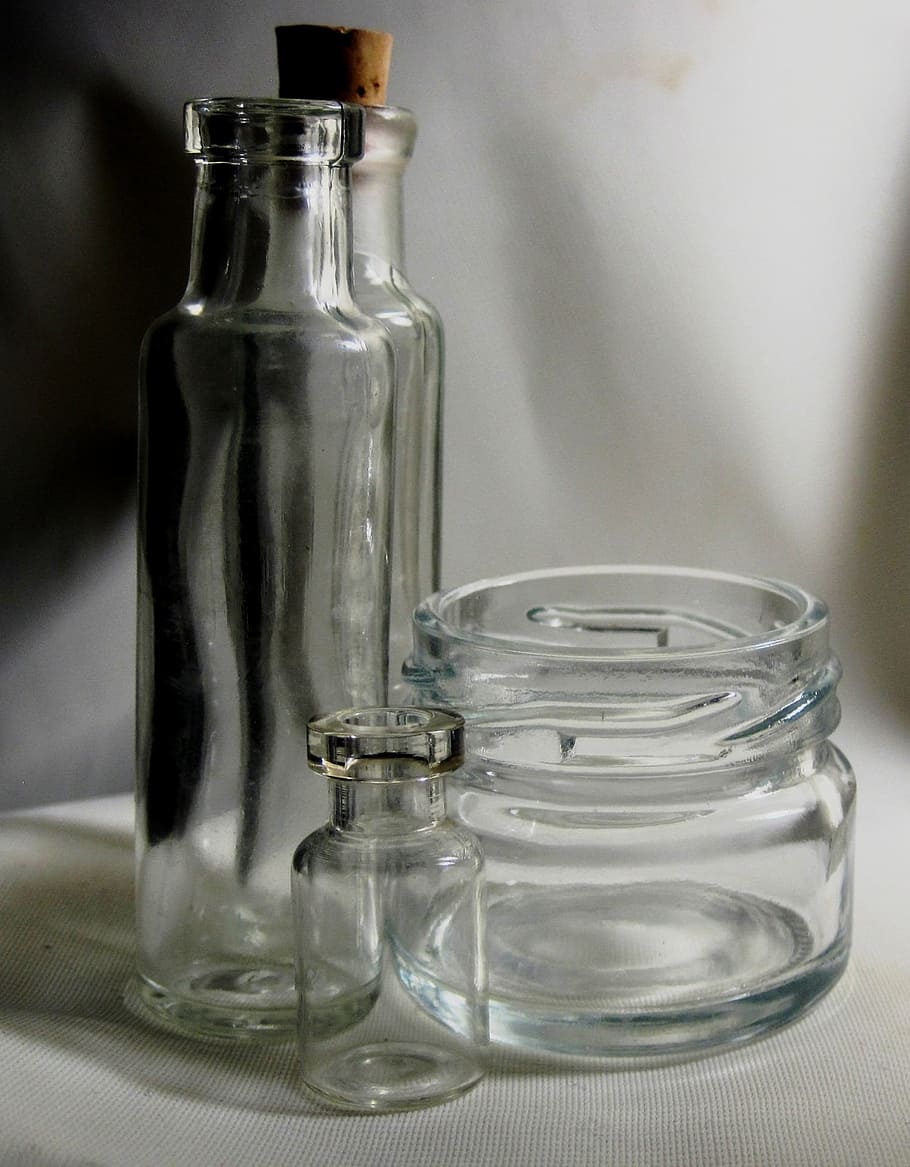 bottles, glass, clear, reflecting, varied, bottle, transparent, empty, container, jar